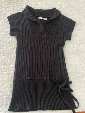 Body Central Black Ribbed Short-Sleeve Sweater Tunic with Side Tie